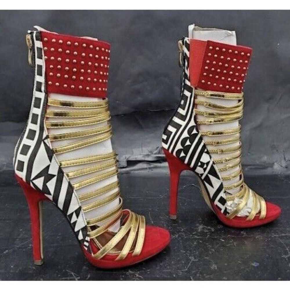 Redkiss Gold/BlackRed Open Toe Gladiator‎ stiletto 5” heels Size 6